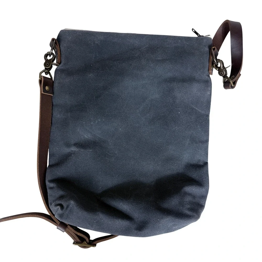 Red House Crossbody Bag Unisex Medium Black Waxed Canvas Leather Strap Handmade